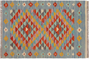 Flat Weave Kilim, Antique, Navaho, Vintage, Handmade, Geometric Kilim Blue Rust Hand-Woven Rectangle 100% Wool Area Rug 2 x 3